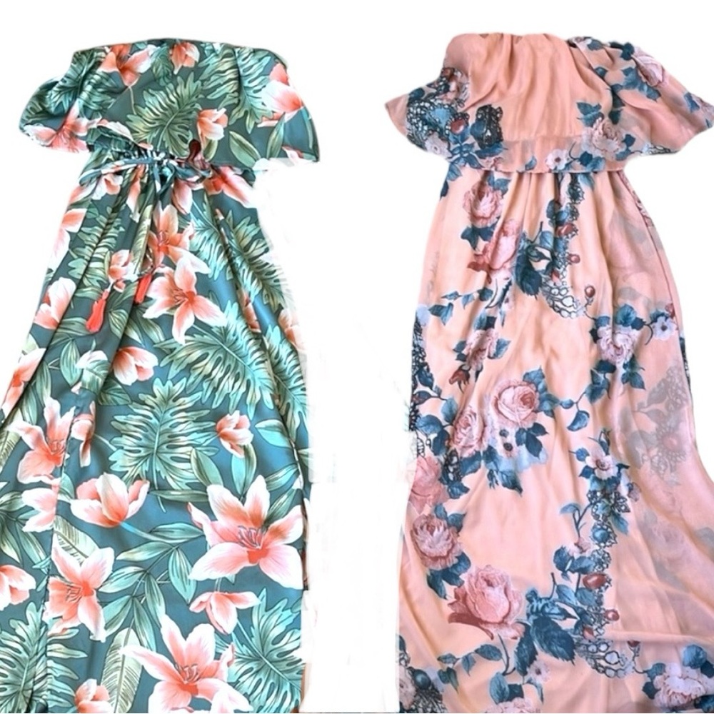 Lot of 2 Vici Aakaa Cefian Women’s Tropical Floral Strapless Maxi Dresse Size S